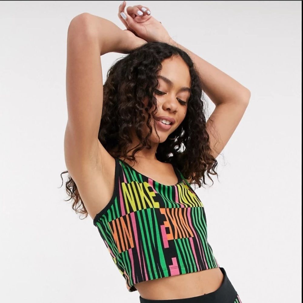 NIKE Allover Logo Print Colorful Retro Peace Pack Crop Top Size Medium